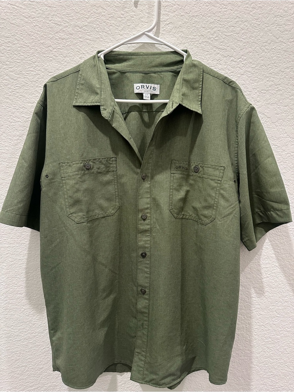 Orvis Classic Collection Mens Large Olive Green Short Sleeve Button Down Shirt